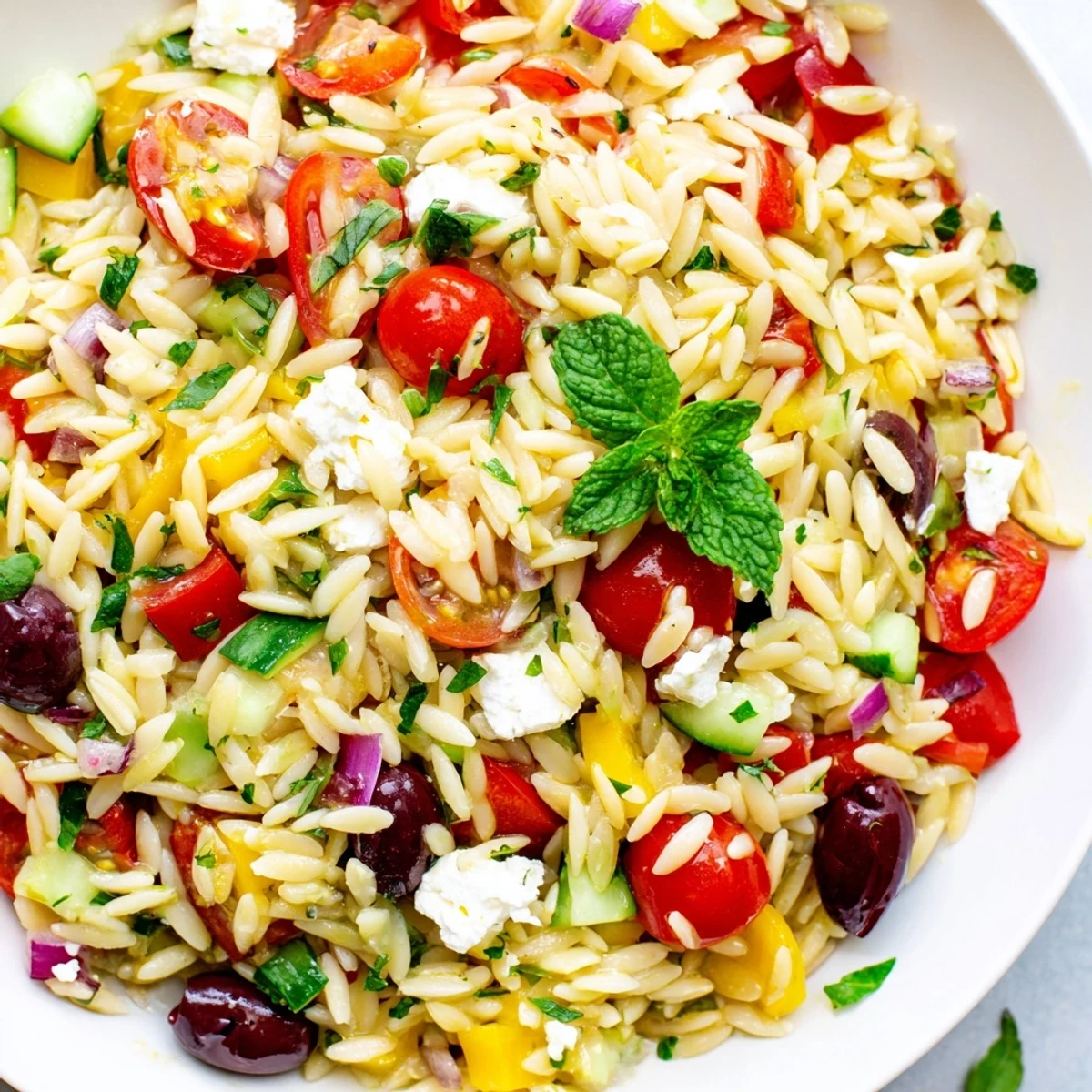 Mediterranean Orzo Pasta Salad drizzled with zesty lemon olive oil dressing on a sunny patio table