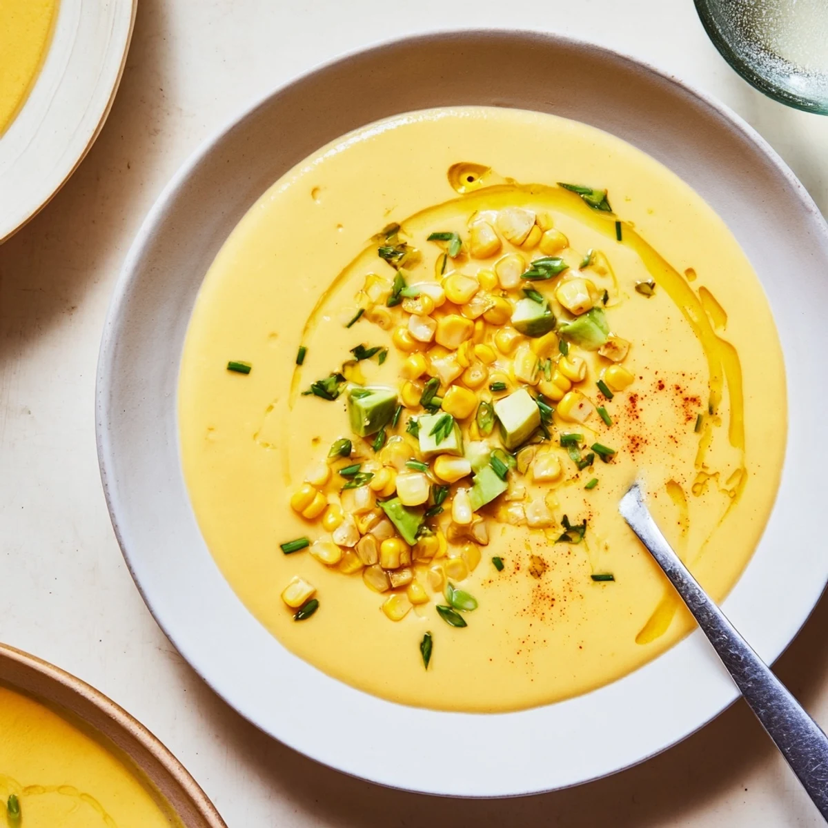 Creamy summer sweet corn gazpacho served chilled in a bowl with avocado garnish