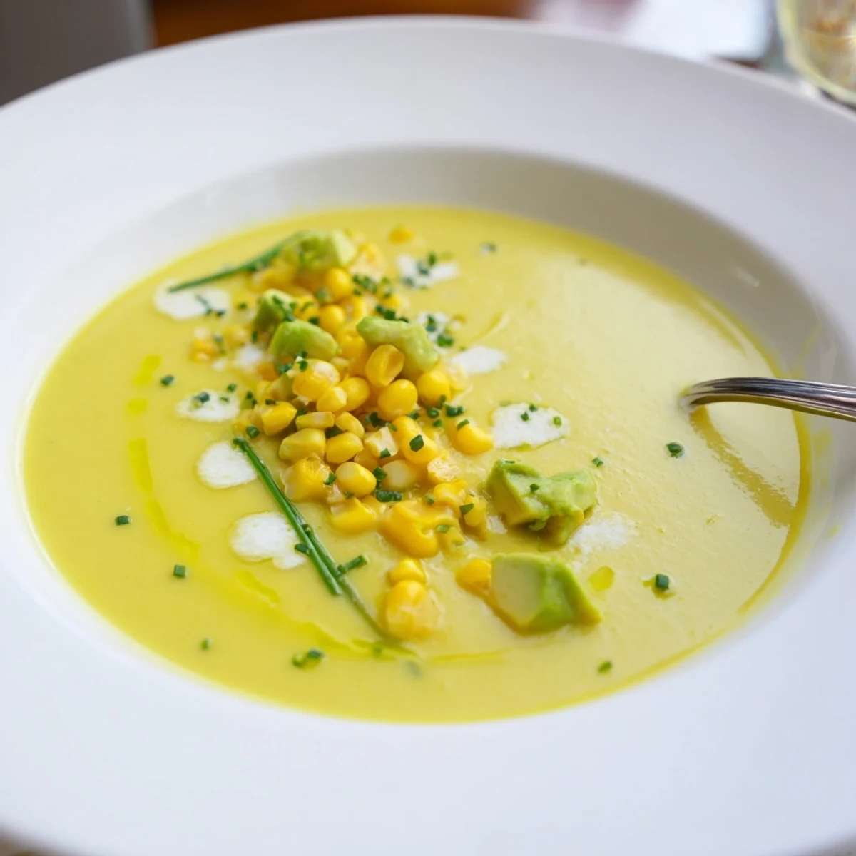 Golden summer sweet corn gazpacho topped with fresh herbs and a drizzle of olive oil