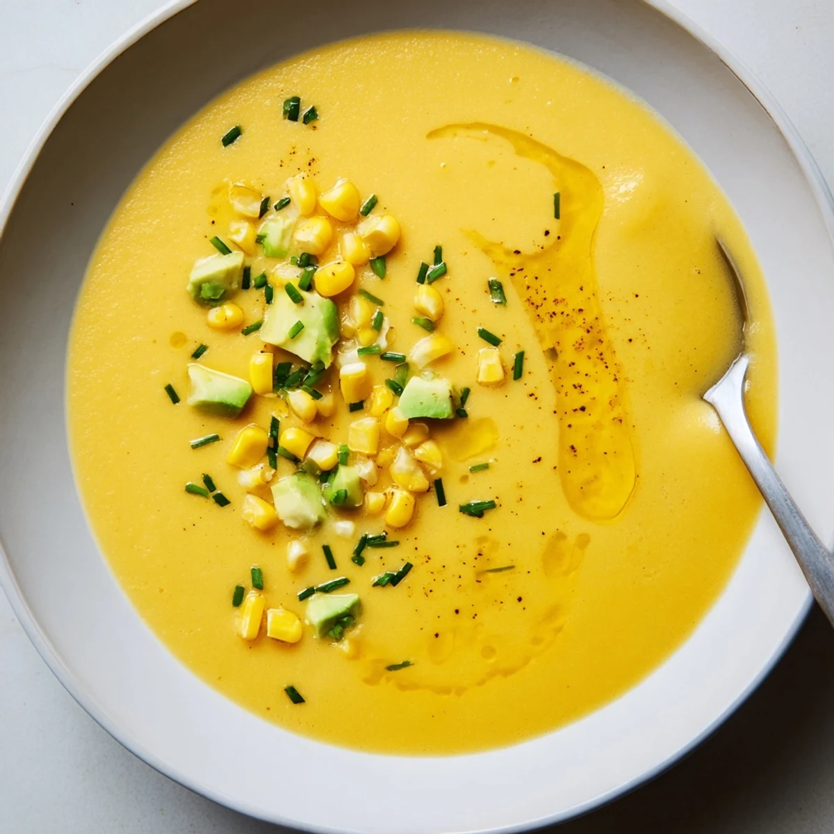 Vibrant summer sweet corn gazpacho in shallow bowls garnished with crisp vegetables and lime