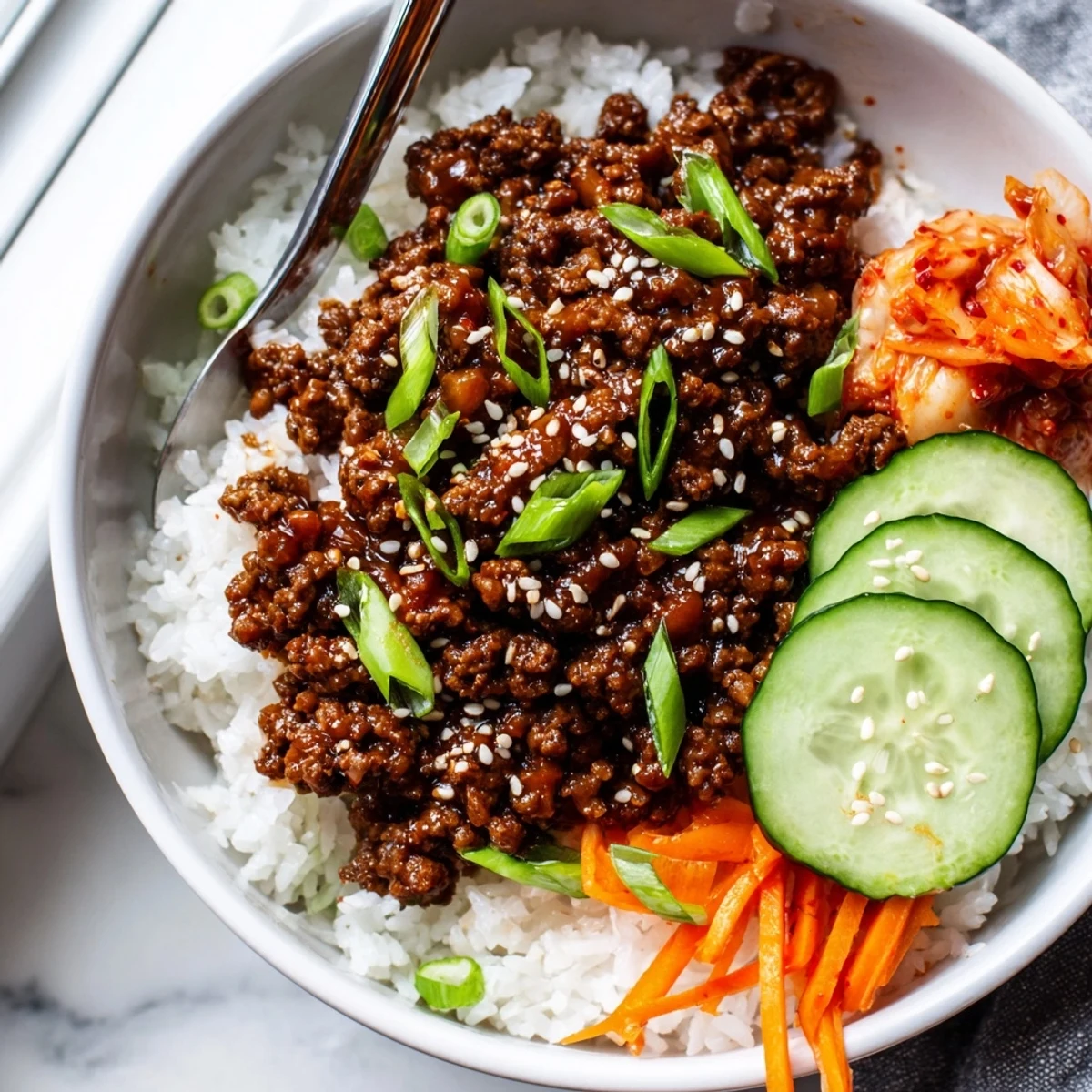 Korean ground beef bowl with glossy saucy beef served over fluffy steamed white rice