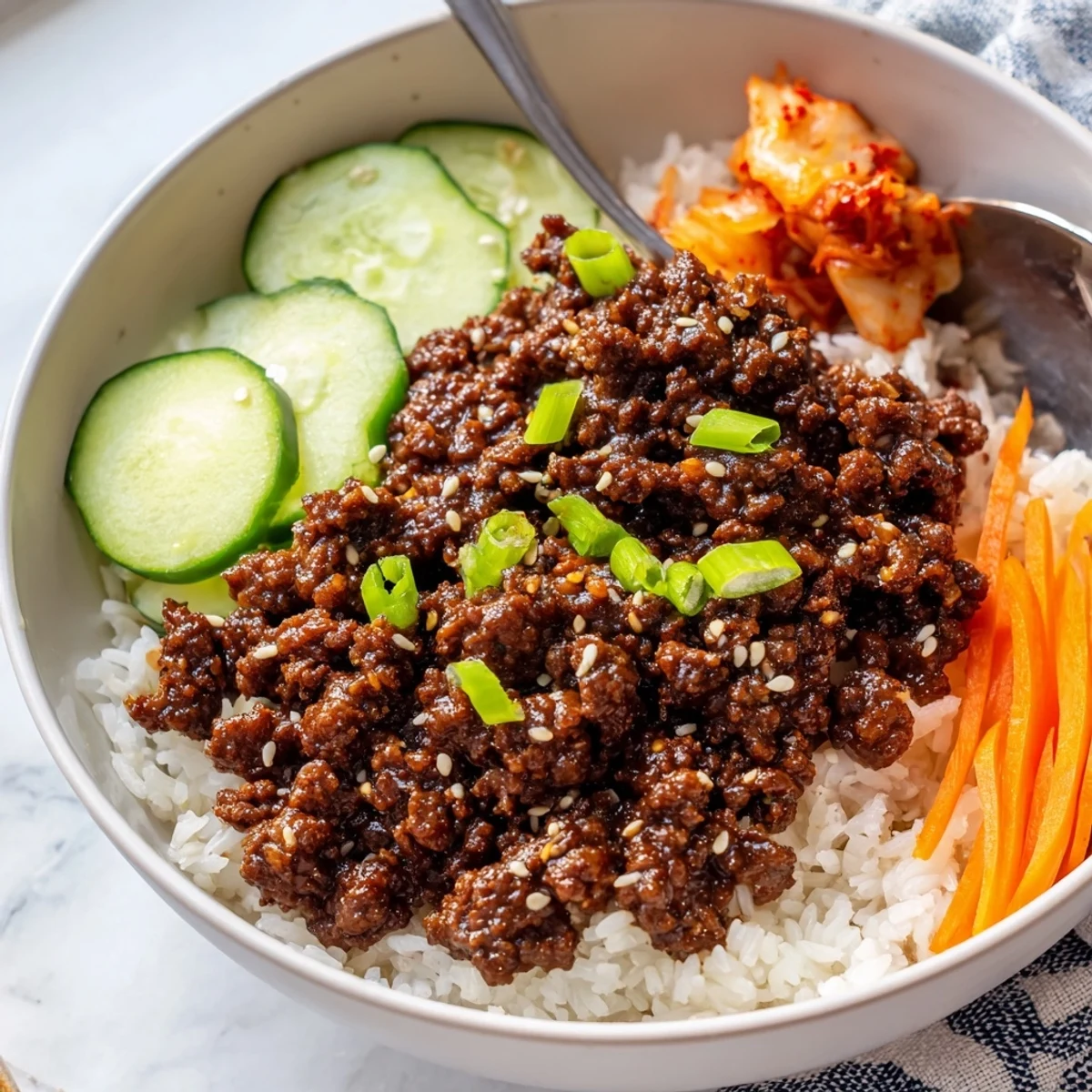 Colorful Korean ground beef bowl topped with sesame seeds green onions and fresh vegetables