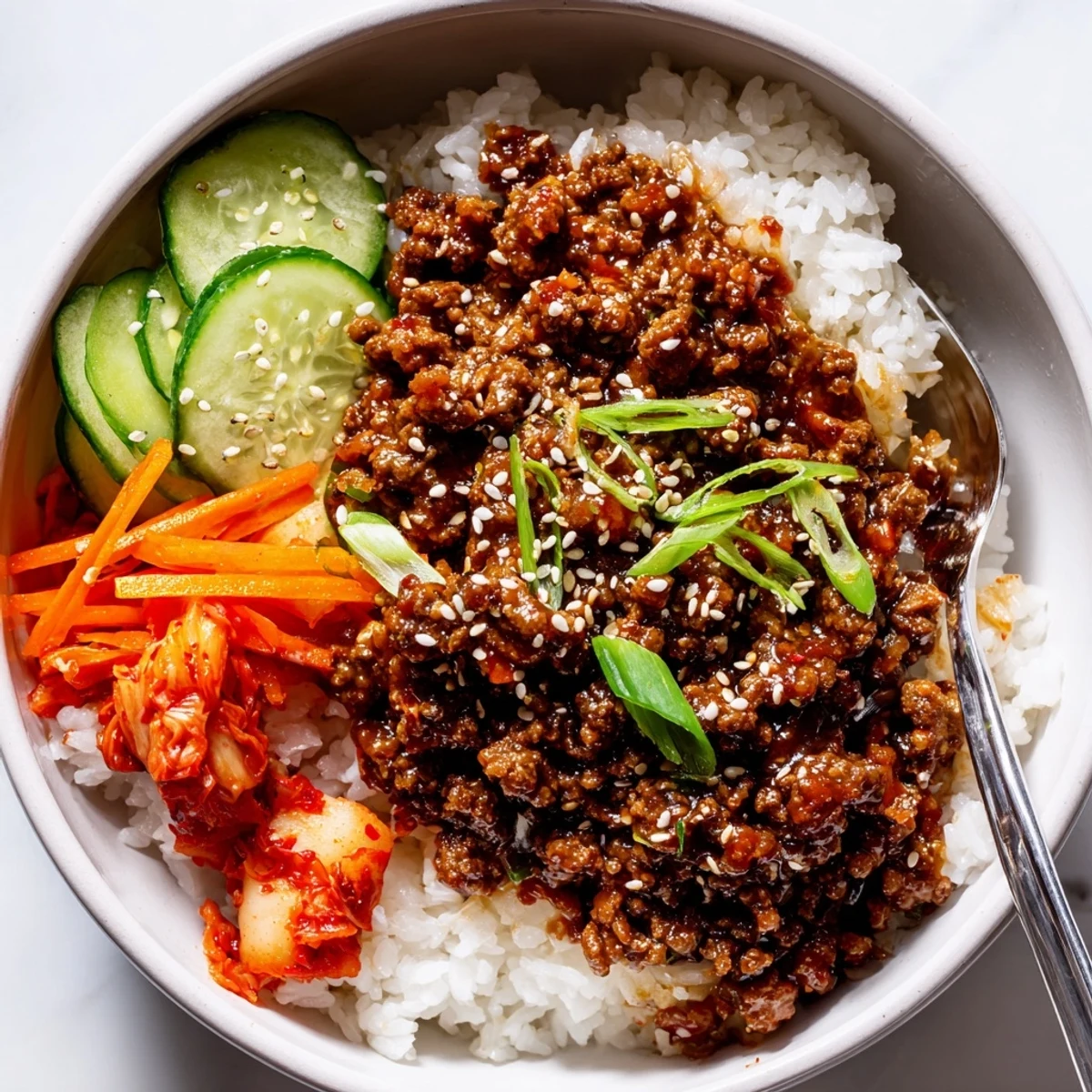 Steaming Korean ground beef bowl featuring caramelized beef julienned carrots and crisp cucumber slices