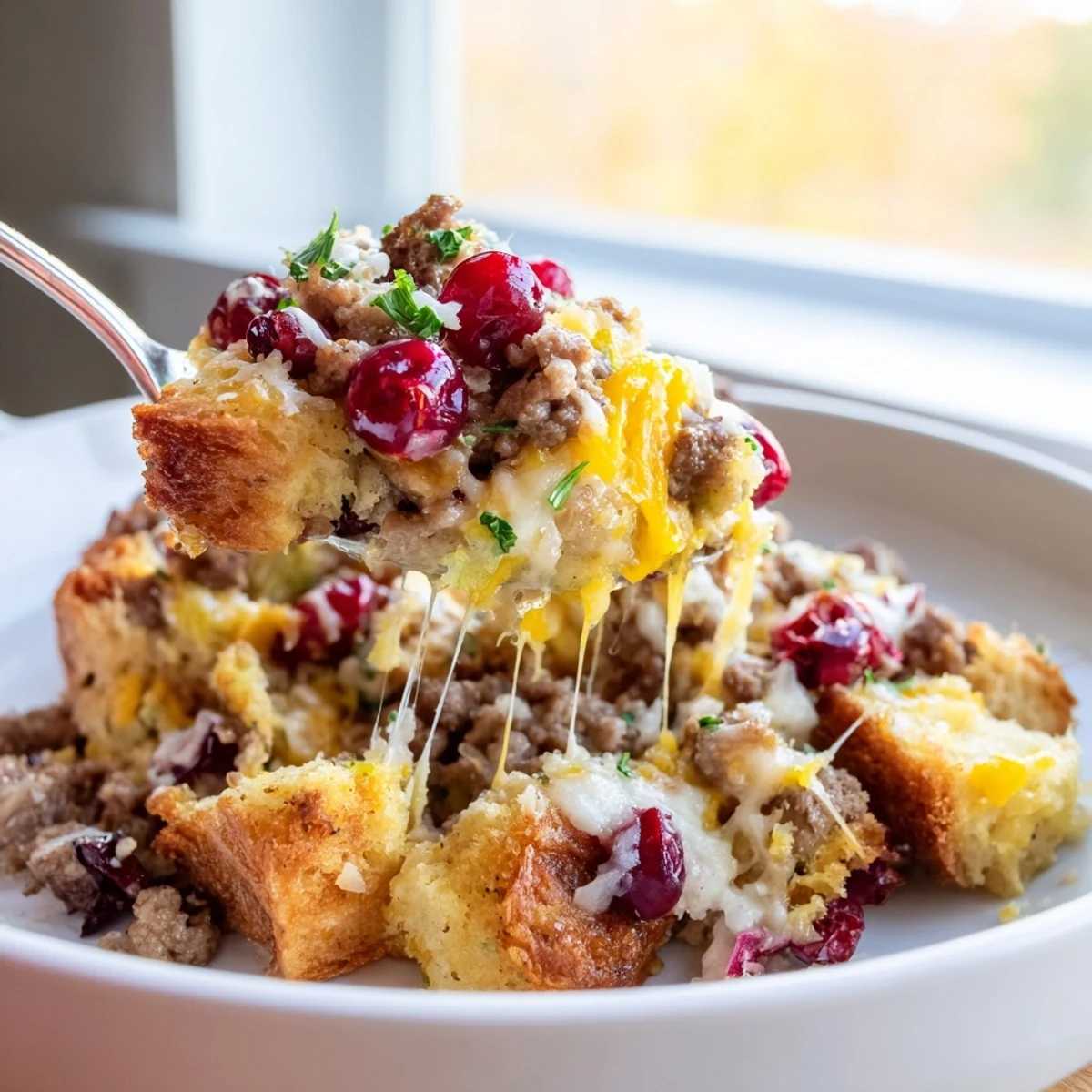 Golden baked Cranberry Sausage Stuffing Breakfast Casserole with melted cheddar and fresh herbs