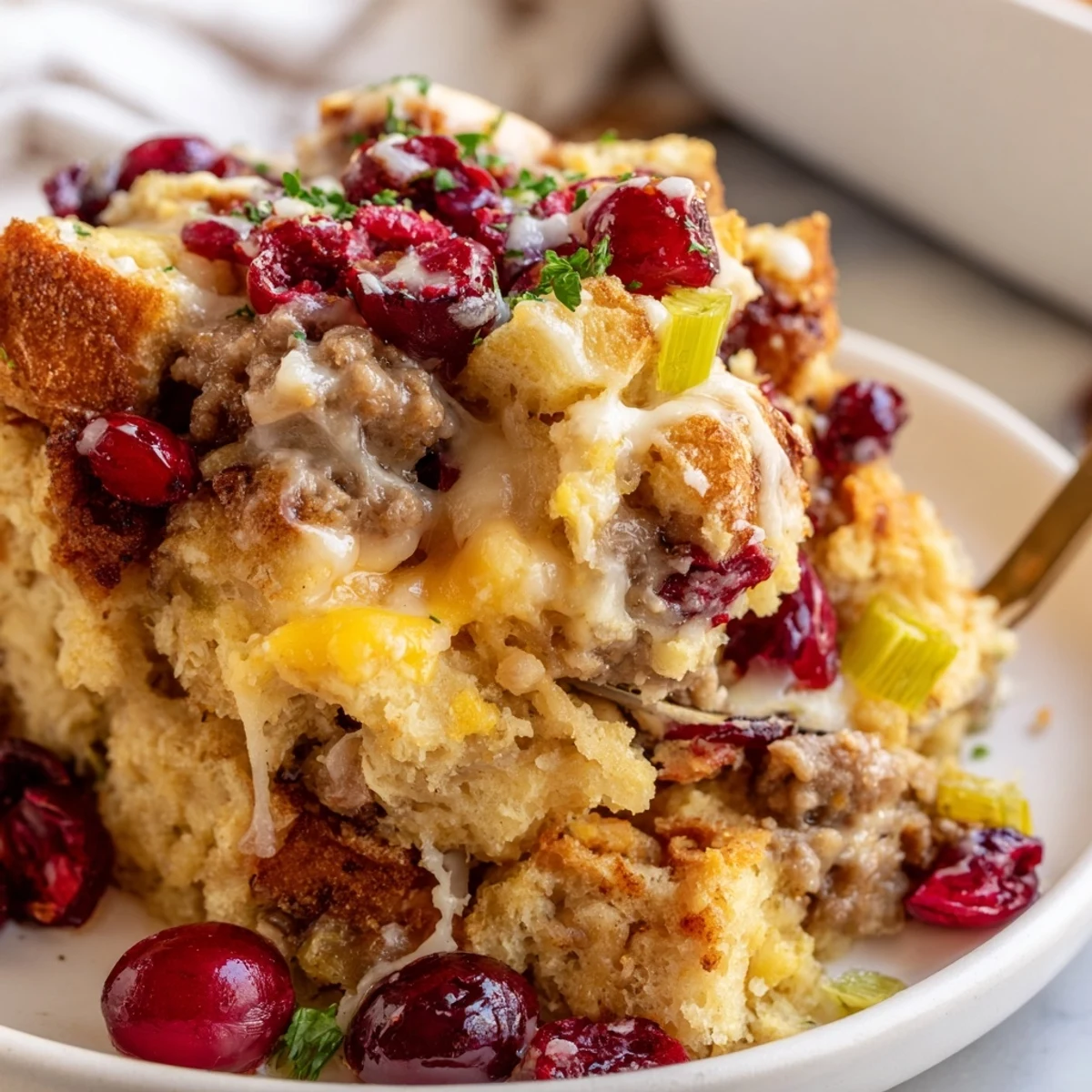 Steaming scoop of Cranberry Sausage Stuffing Breakfast Casserole studded with tart ruby cranberries