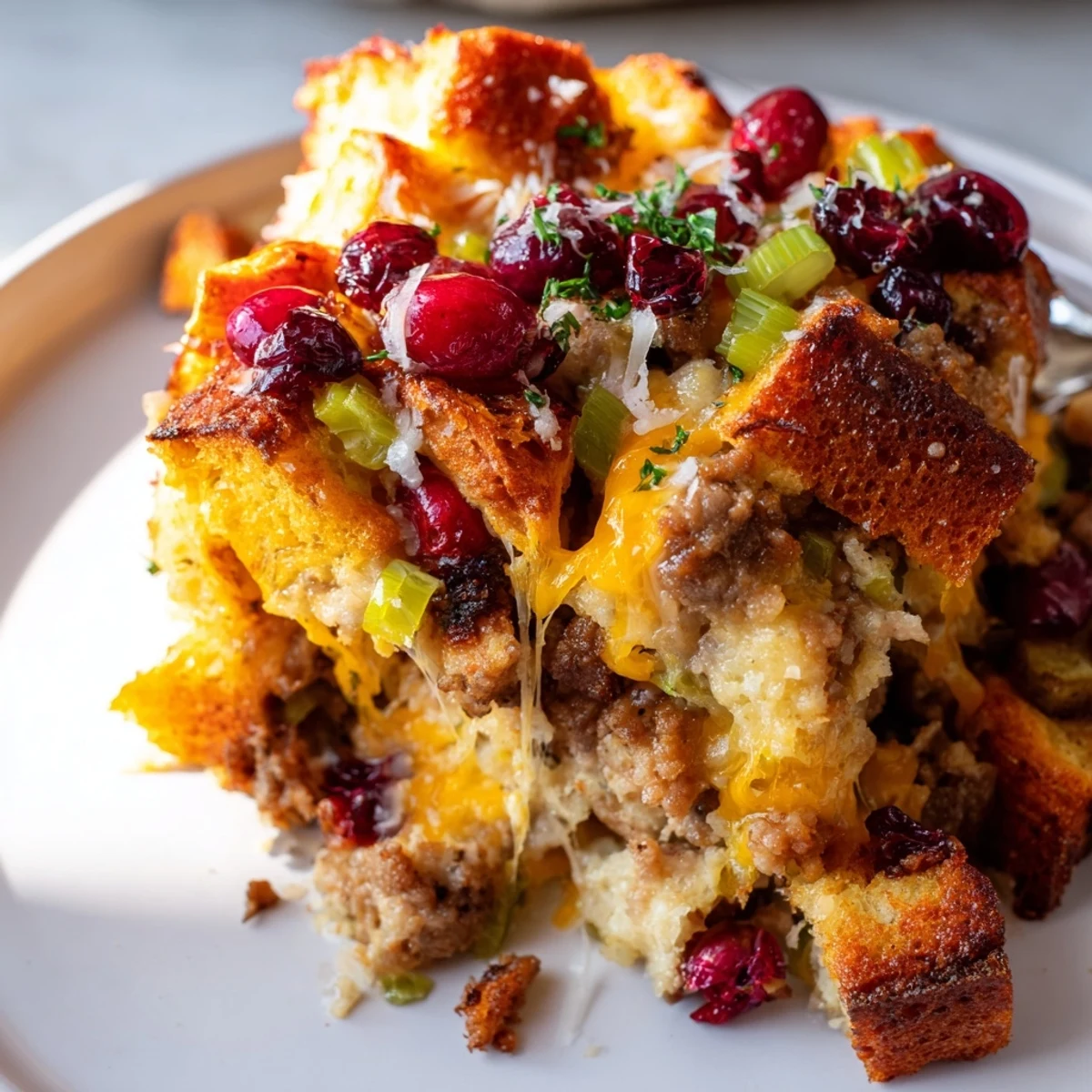 Rustic Cranberry Sausage Stuffing Breakfast Casserole fresh from the oven with crispy golden edges