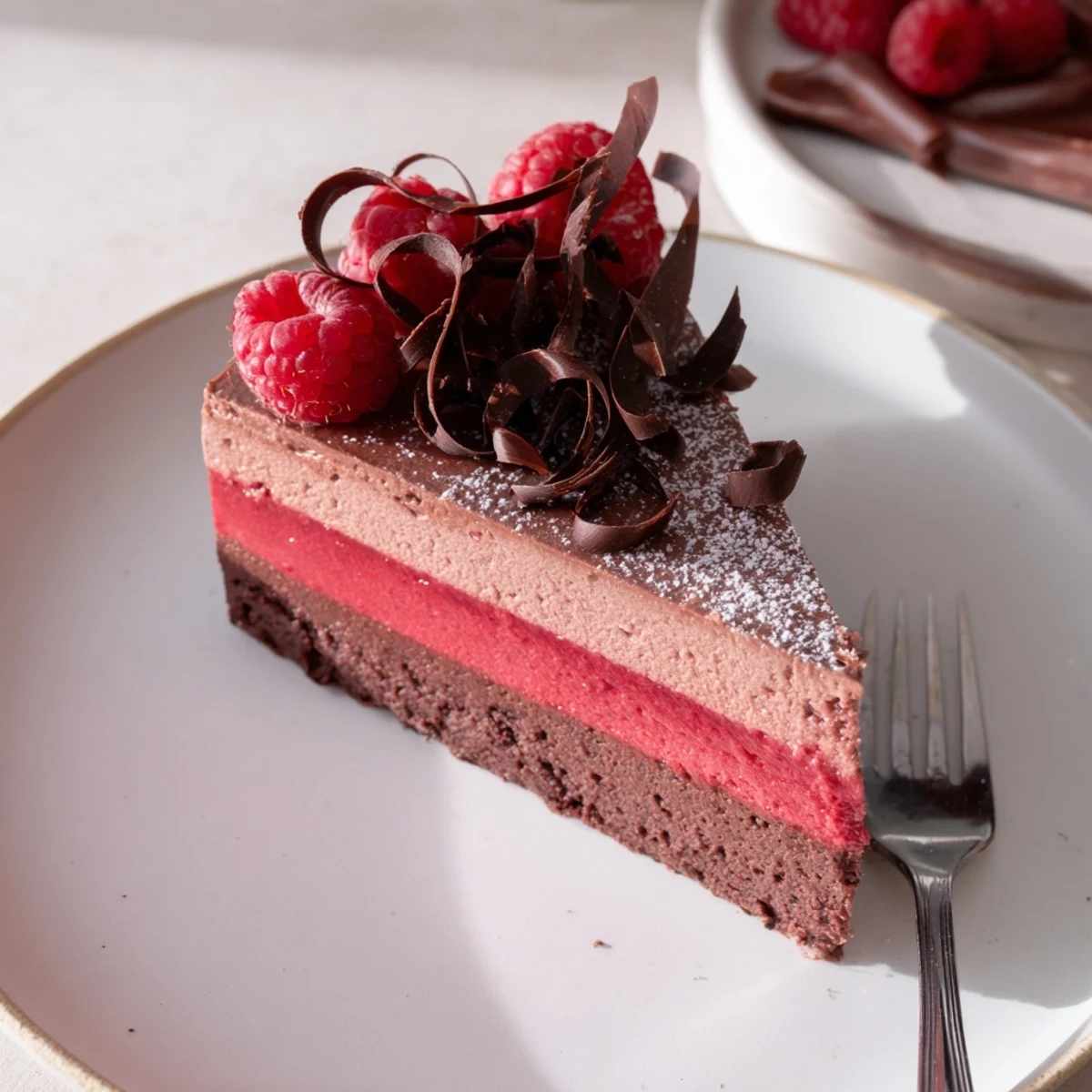A slice of raspberry chocolate mousse cake topped with fresh berries and chocolate curls on a white plate