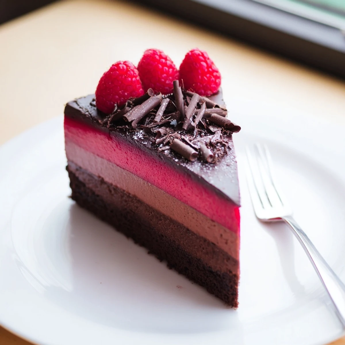 Silky chocolate mousse cake with vibrant ruby raspberry topping, dusted with powdered sugar for serving