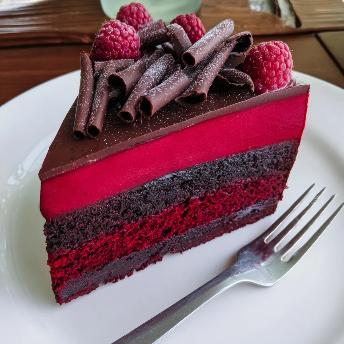 A tall raspberry chocolate mousse cake revealing glossy raspberry filling between dark chocolate layers
