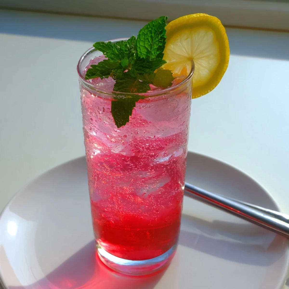 Glasses of Honey Lemon Pink Soda topped with raspberries and bubbling club soda