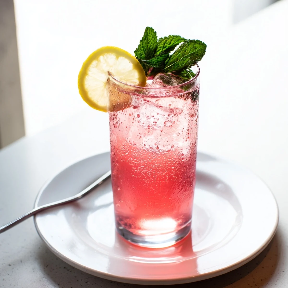 Sparkling Honey Lemon Pink Soda served over ice with fresh mint and lemon slices