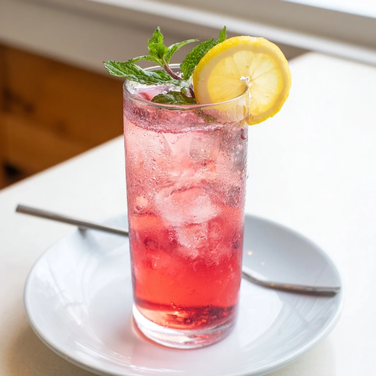 Chilled Honey Lemon Pink Soda in tall glasses garnished with bright citrus wedges