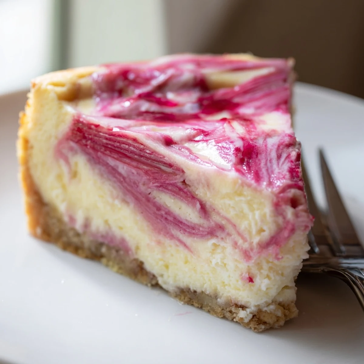 Creamy keto rhubarb cheesecake sliced on a rustic white plate with tangy pink swirls