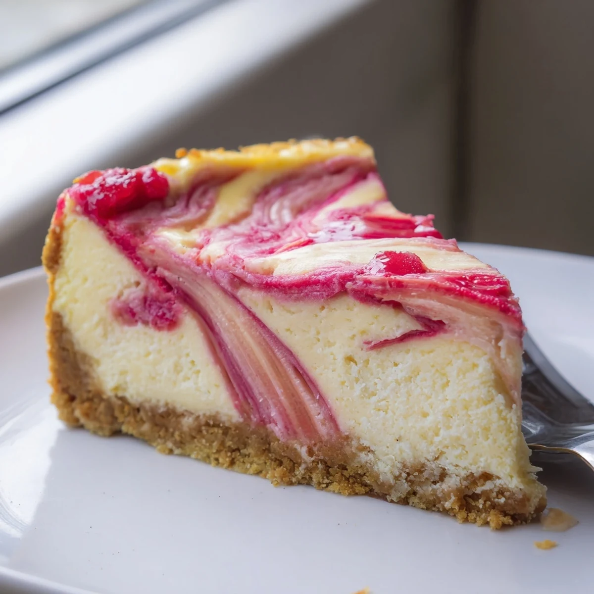 Tangy rhubarb compote ribbons winding through a rich, velvety low-carb cheesecake filling on a graham-style crust
