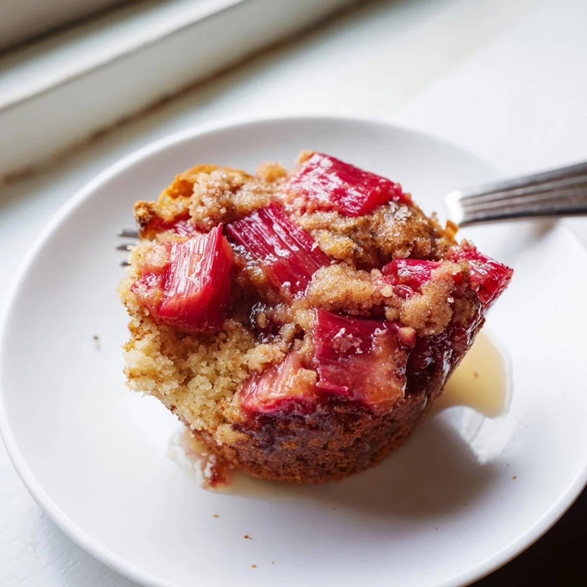 Golden upside down rhubarb muffins with caramelized pink fruit on a wire rack