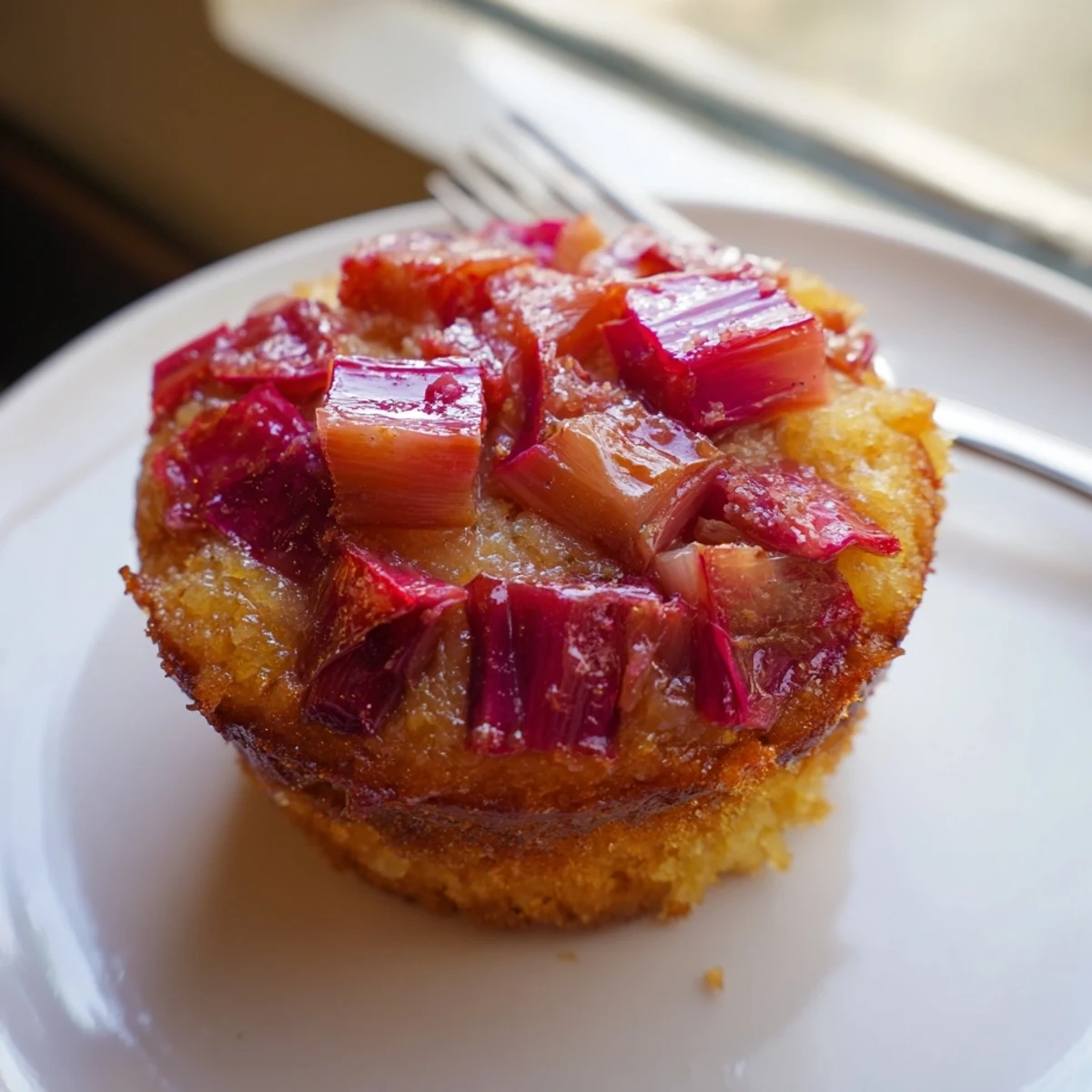 Homemade upside down rhubarb muffins served on a rustic plate with powdered sugar