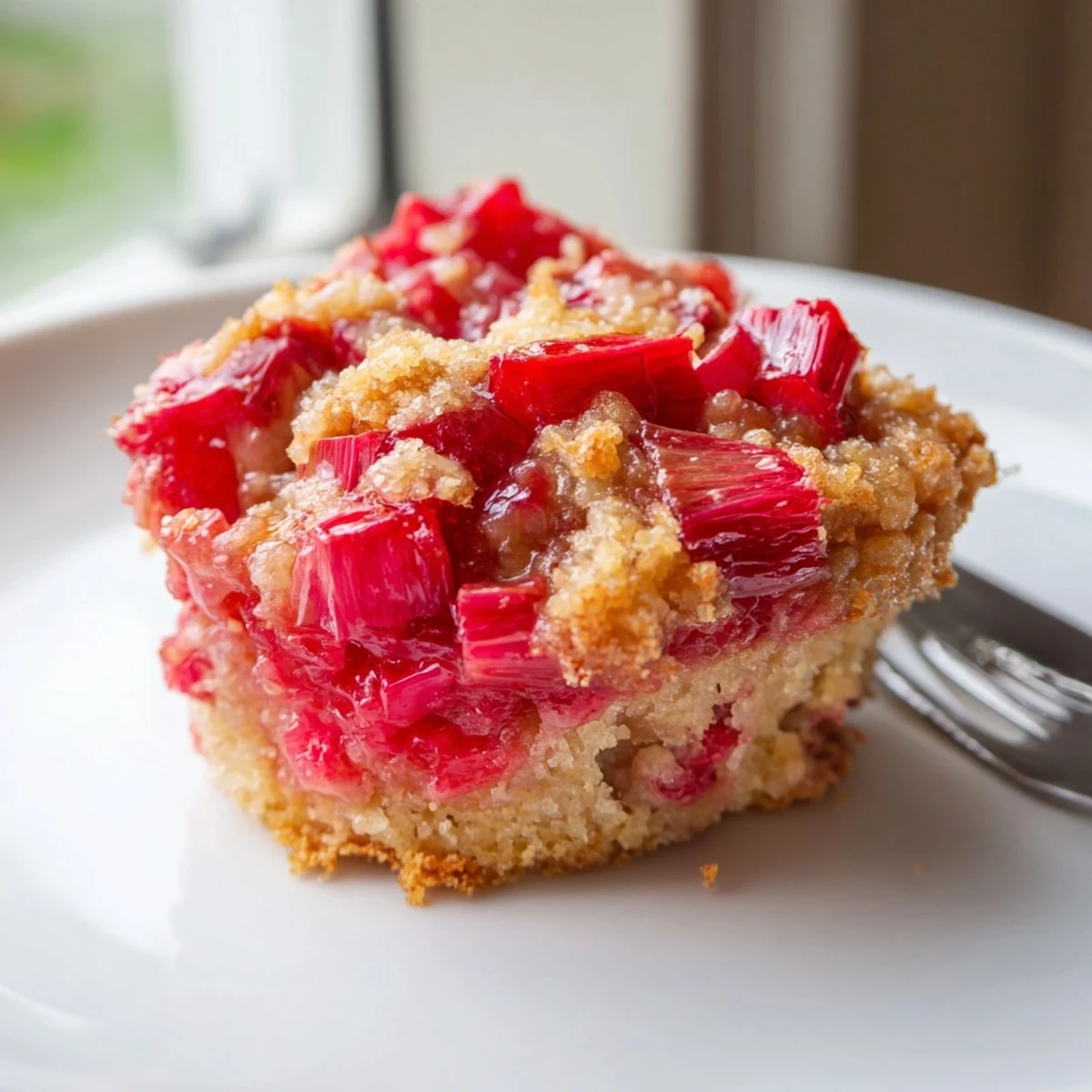Warm upside down rhubarb muffins flipped to reveal glistening sweet-tart ruby topping