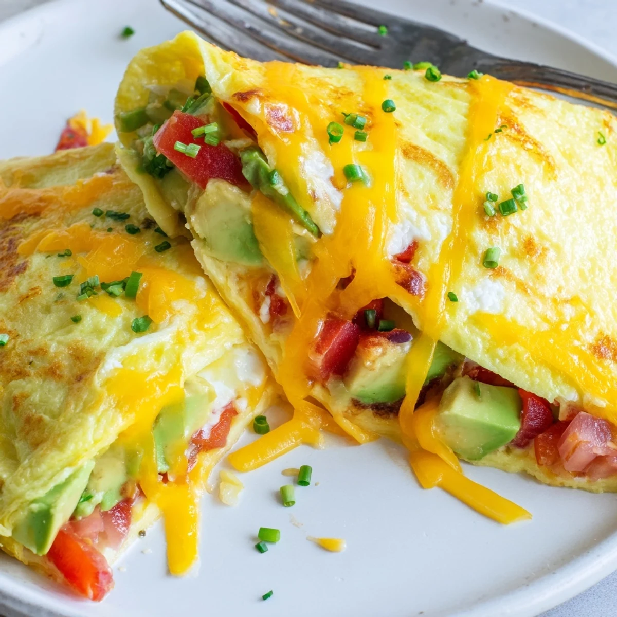 Golden creamy avocado cheesy tomato omelette folded in half on a white plate