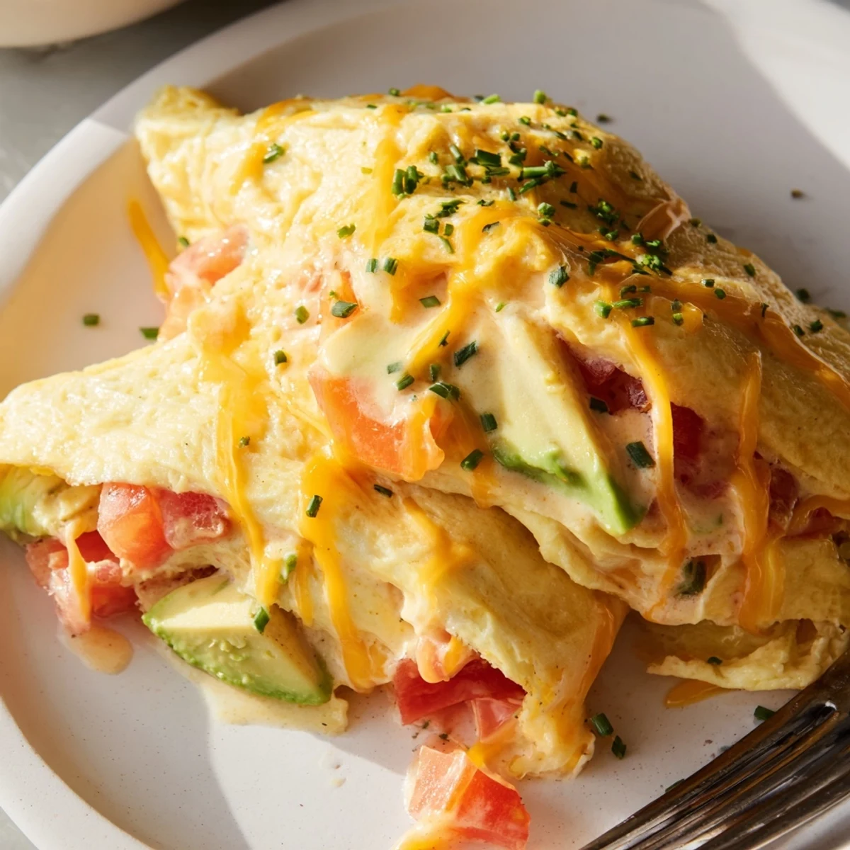 Creamy avocado cheesy tomato omelette with melted cheddar and fresh diced avocado inside