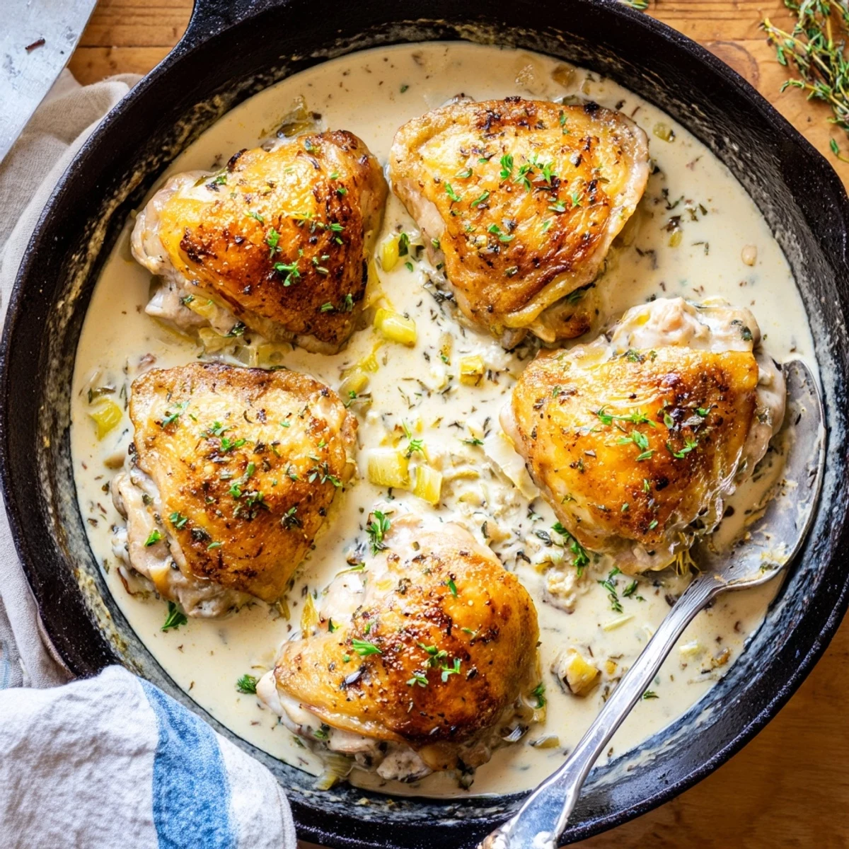 Golden oven baked chicken thighs rest in a bubbling garlic parmesan cream sauce