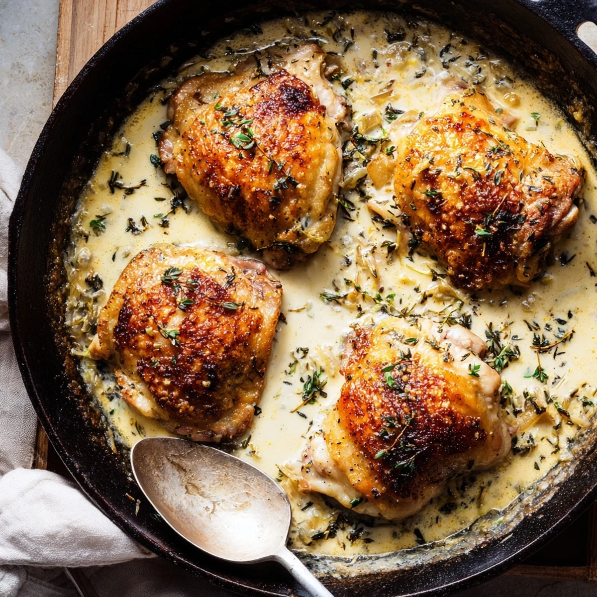 Crispy-skinned oven baked chicken thighs nestled in a rich, herb-flecked cream sauce