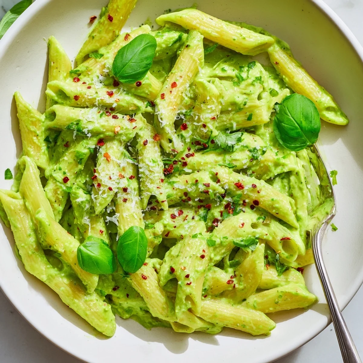 Creamy green goddess pasta sauce coating tender noodles with fresh basil and herbs