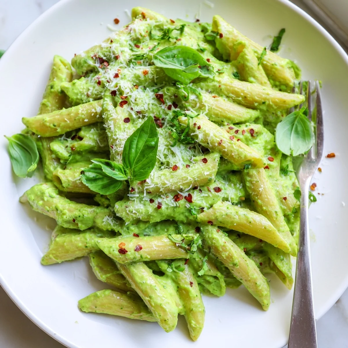 Vibrant green goddess pasta sauce blended smooth with avocado, lemon, and parsley