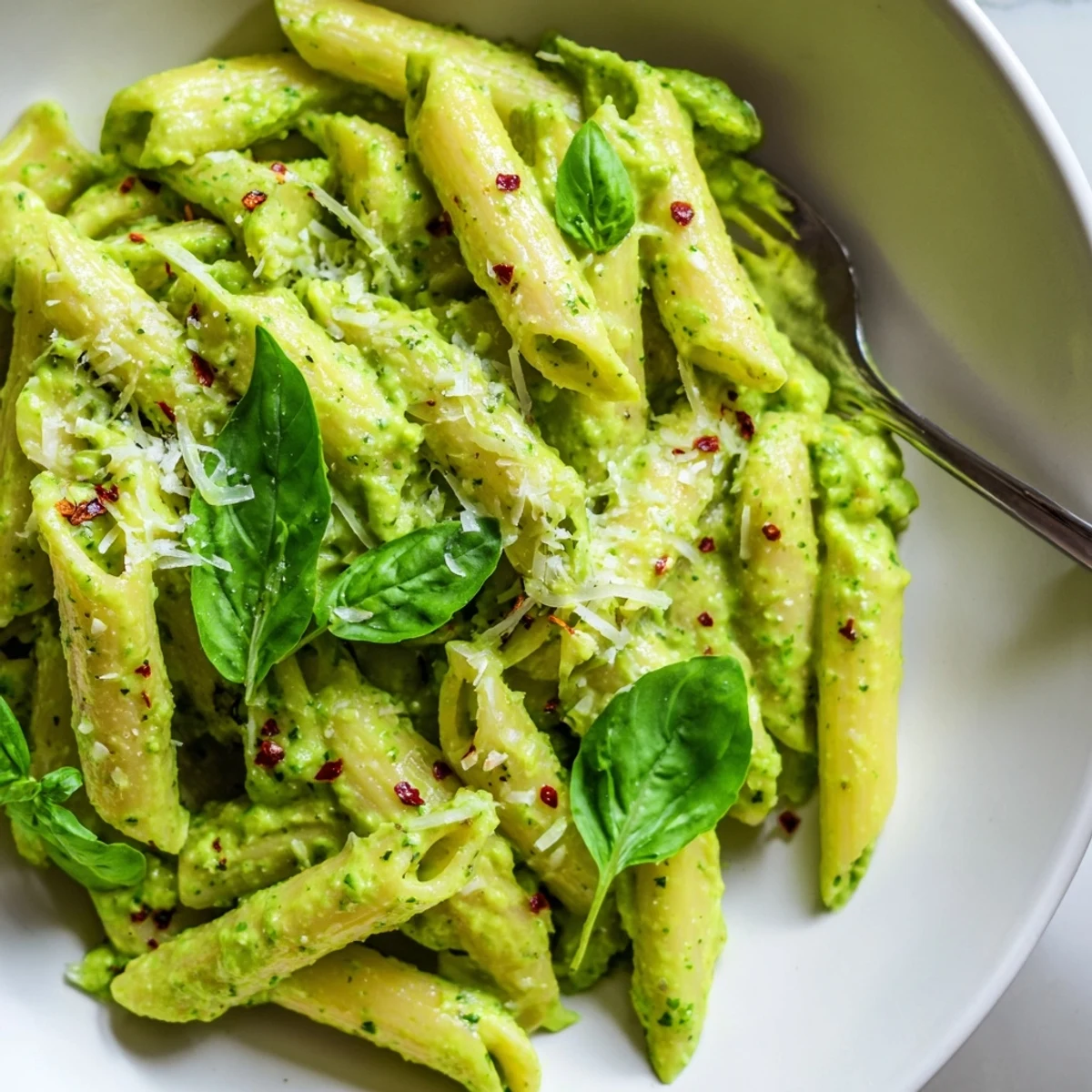 Silky green goddess pasta sauce tossed with hot penne and sprinkled with Parmesan