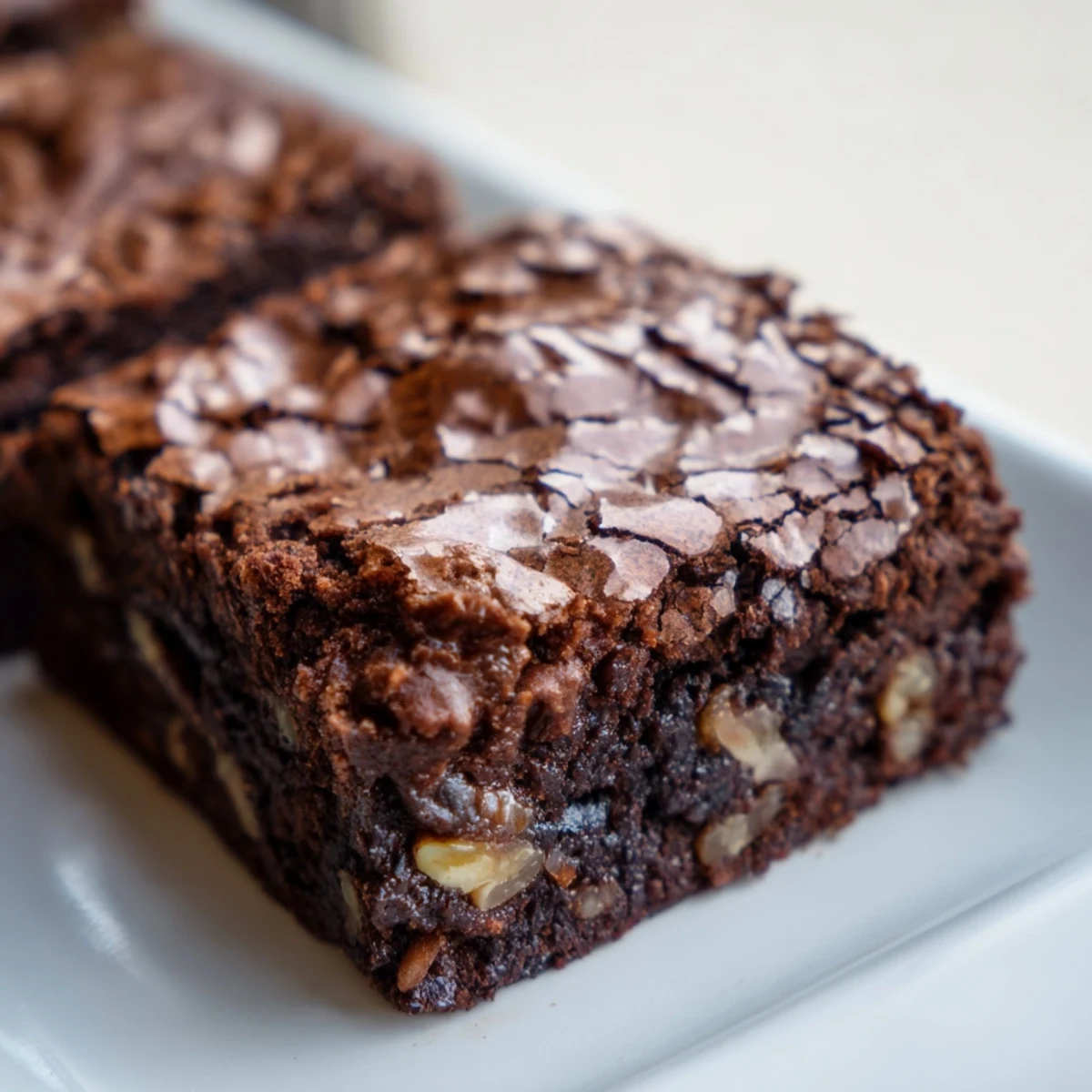 Thick glossy ultimate brownies studded with chocolate chips and chopped walnuts inside