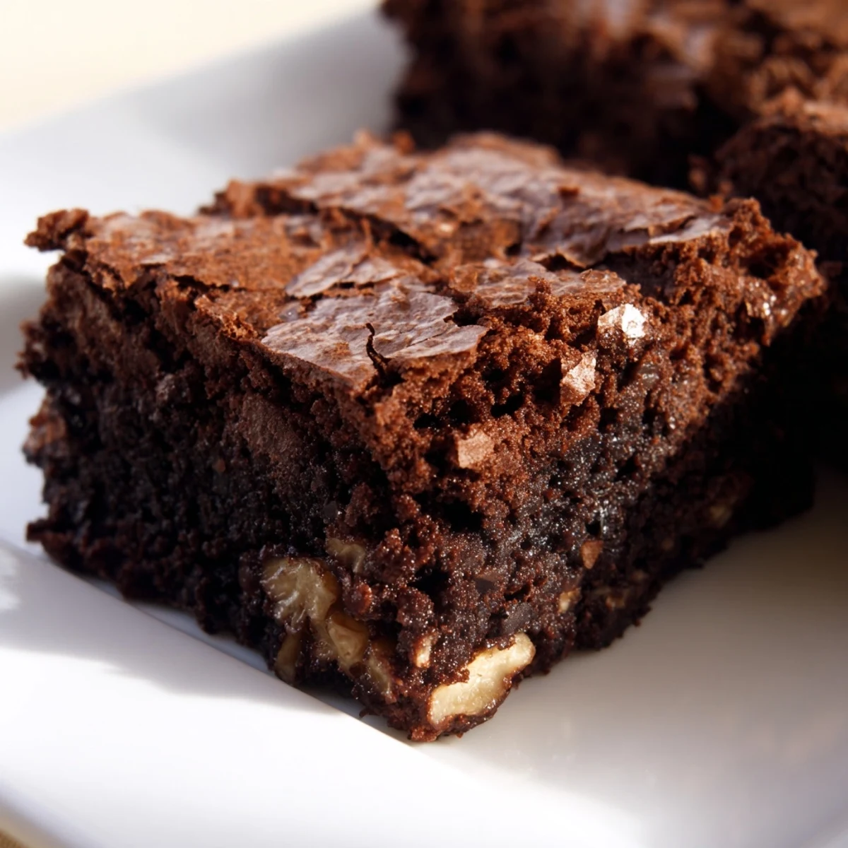Warm ultimate brownies served on a plate beside vanilla ice cream scoops