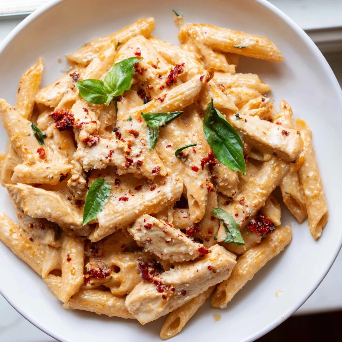Creamy Copycat Sun Dried Tomato Marry Me Chicken Pasta topped with fresh basil and Parmesan