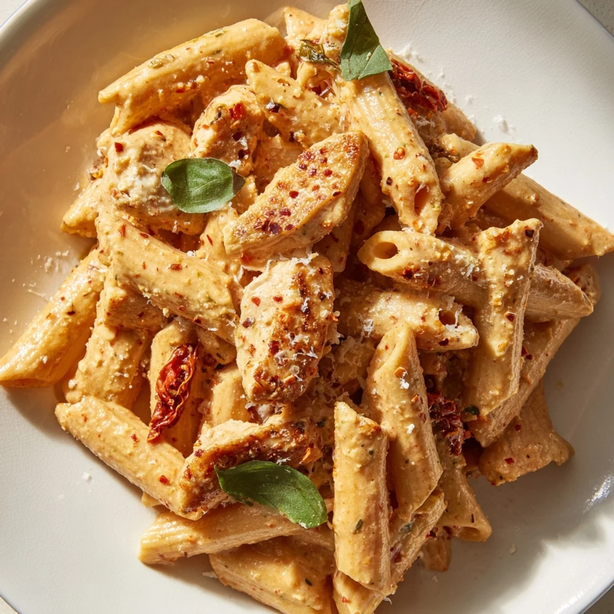Golden sliced chicken nestled in Copycat Sun Dried Tomato Marry Me Chicken Pasta with creamy sauce