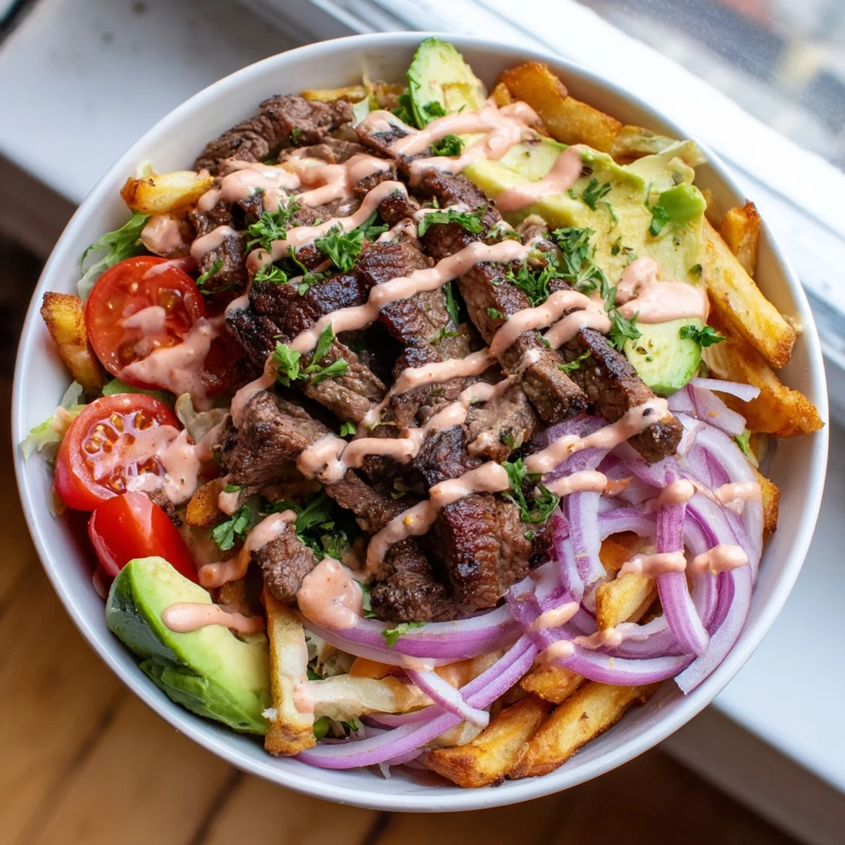 Steak strips crispy fries bowl topped with fresh avocado and melted cheddar