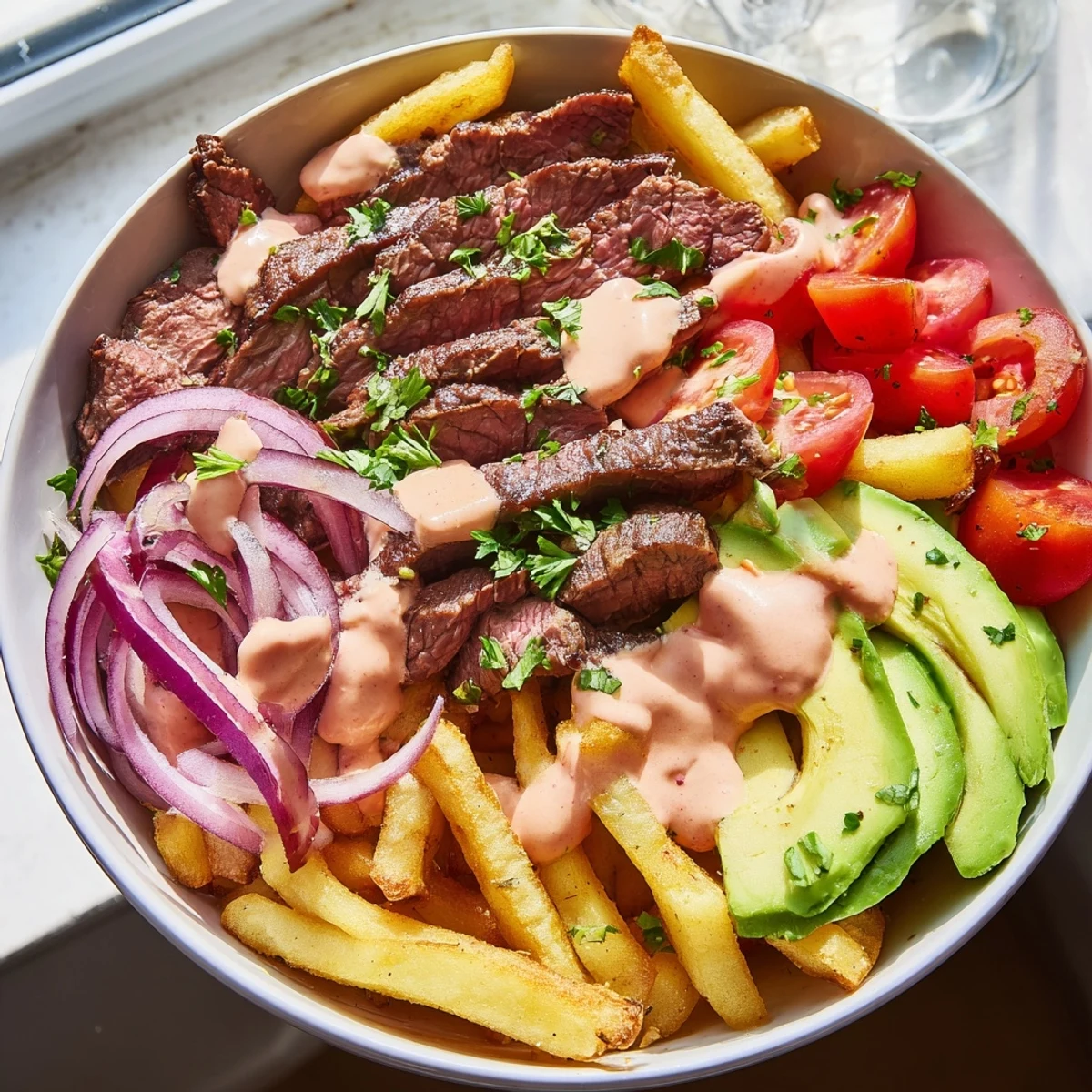 Juicy steak strips and crispy fries bowl drizzled with smoky paprika sauce