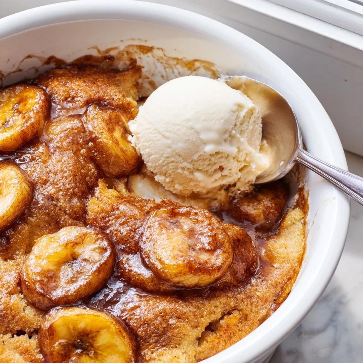 Golden Southern banana cobbler with bubbling caramelized fruit and buttery crust