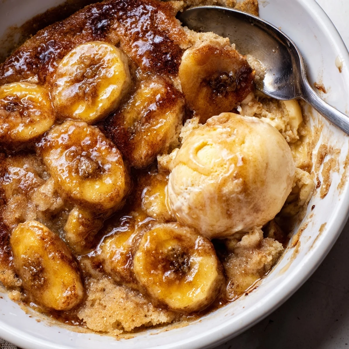 Warm Southern banana cobbler served in a rustic baking dish