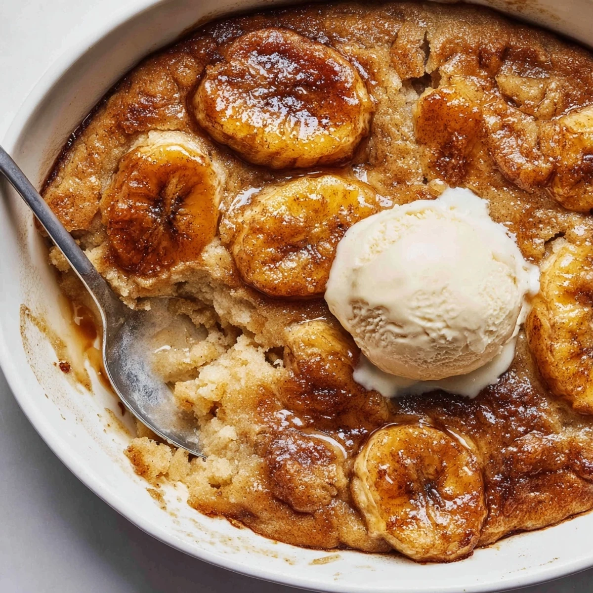 Southern banana cobbler topped with vanilla ice cream and golden crust