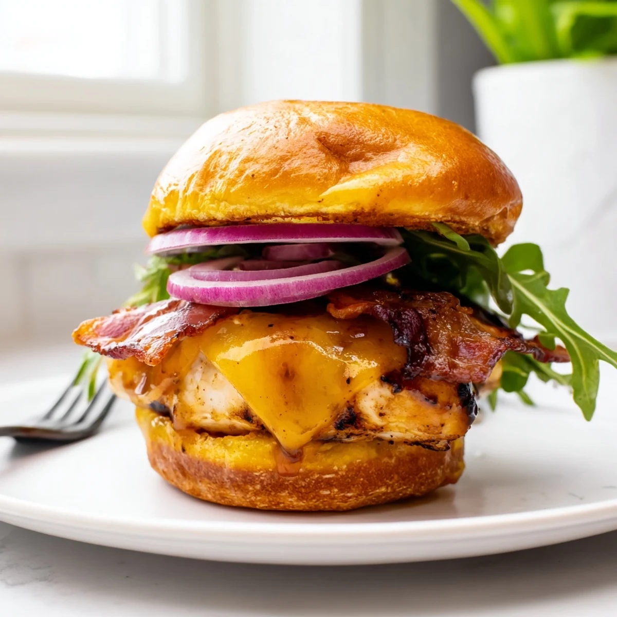 Golden maple chicken bacon sliders stacked on toasted buns with melted cheddar and crispy bacon strips