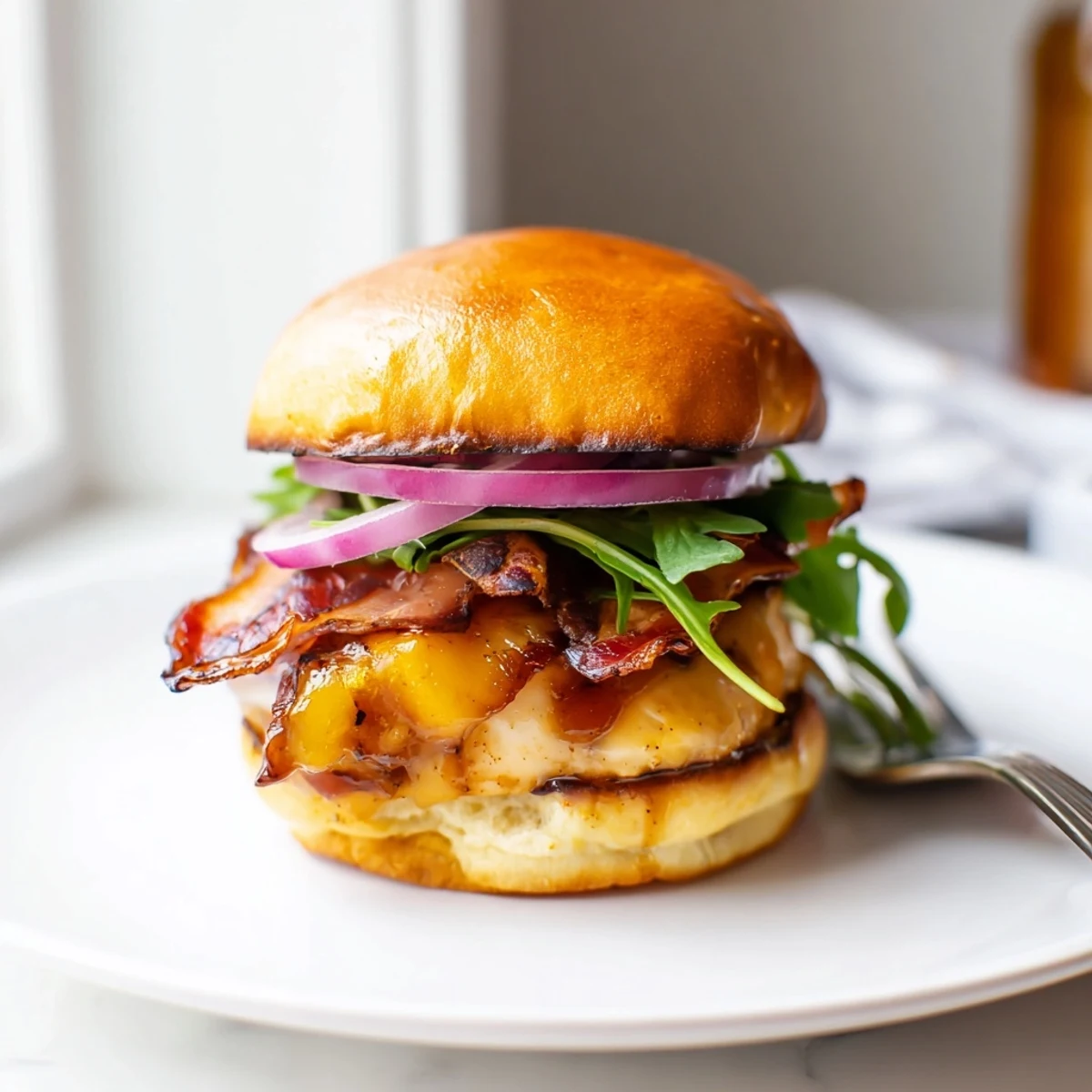 Juicy maple chicken bacon sliders topped with arugula and caramelized onion on buttery slider buns