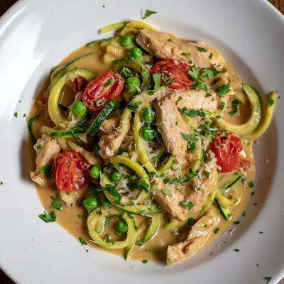 Juicy chicken strips served over spiralized zucchini noodles in rich parmesan alfredo sauce