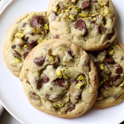 Freshly baked pistachio cream chocolate chip cookies on a wooden board, featuring a thick texture with chopped pistachios and semi-sweet chocolate chunks peeking through the crumb