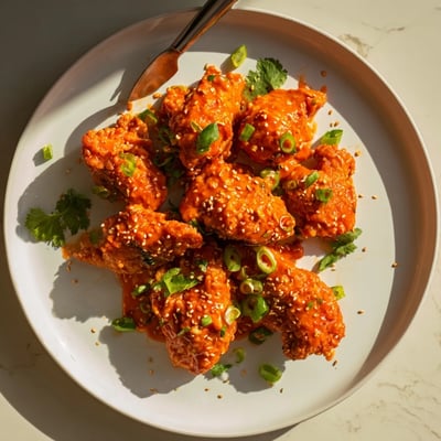 Plate of Spicy Bang Bang Chicken pieces coated in spicy sauce topped with sesame seeds