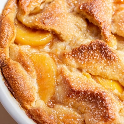 Baked peach cobbler topped with buttery golden pastry crust and served warm