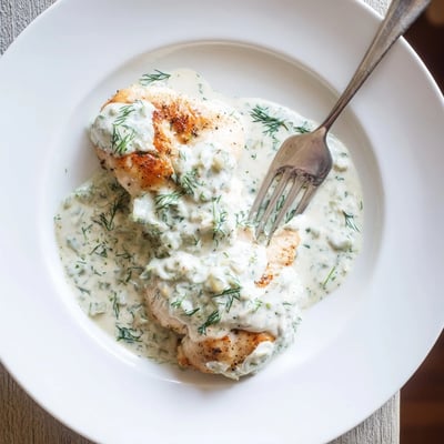 Creamy dill chicken plated with golden seared meat in a thick white sauce and green dill sprigs