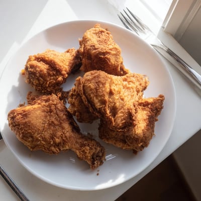 Juicy buttermilk fried chicken with crunchy seasoned coating served on a rustic wooden platter