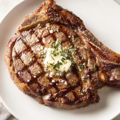 Juicy ribeye steak fresh off the grill with melted butter and fresh rosemary garnish