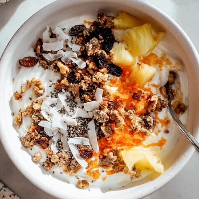 Healthy breakfast bowl featuring spiced Greek yogurt mixed with shredded carrots, warm cinnamon, nutmeg, and pecans