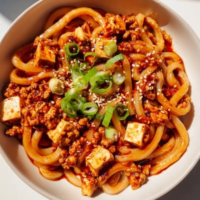 Generous serving of Mapo Tofu Udon garnished with fresh green onions and sesame seeds over thick Japanese udon noodles