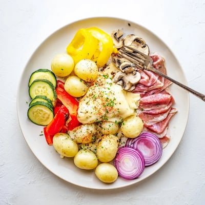 Interactive Raclette dinner spread featuring melted Swiss cheese served with pickles and charcuterie platters