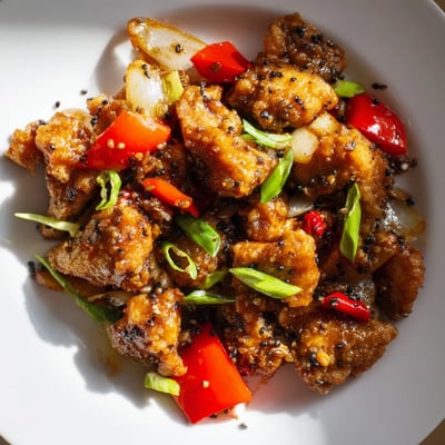 Juicy fried chicken coated in cornstarch served in savory black pepper glaze with onions